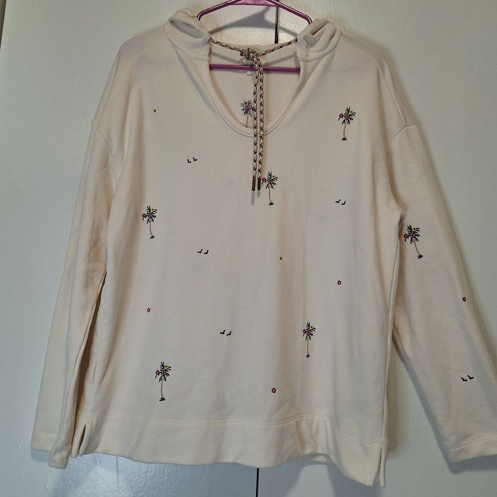Lou & Grey Palm Tree Hoodie Womens Small Embroidered V-Neck Pullover Beachy